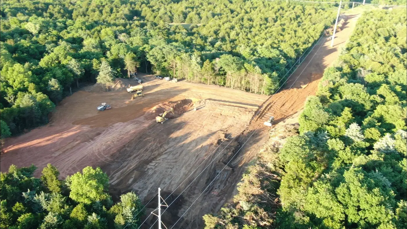 Aerial view of transmission line right of way clearing, ROW cleared and graded through Oklahoma timber