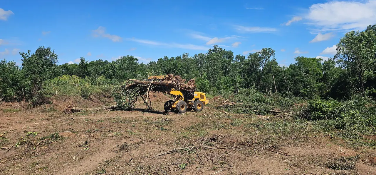 Grubbing and stump removal clearing roots on a site in Oklahoma City, OK