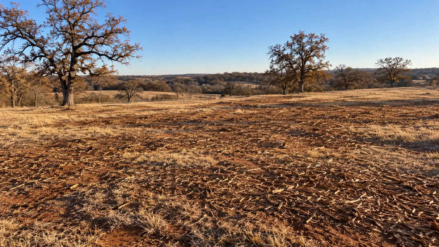 Oklahoma pasture after eastern redcedar removal, with mature post oaks left standing