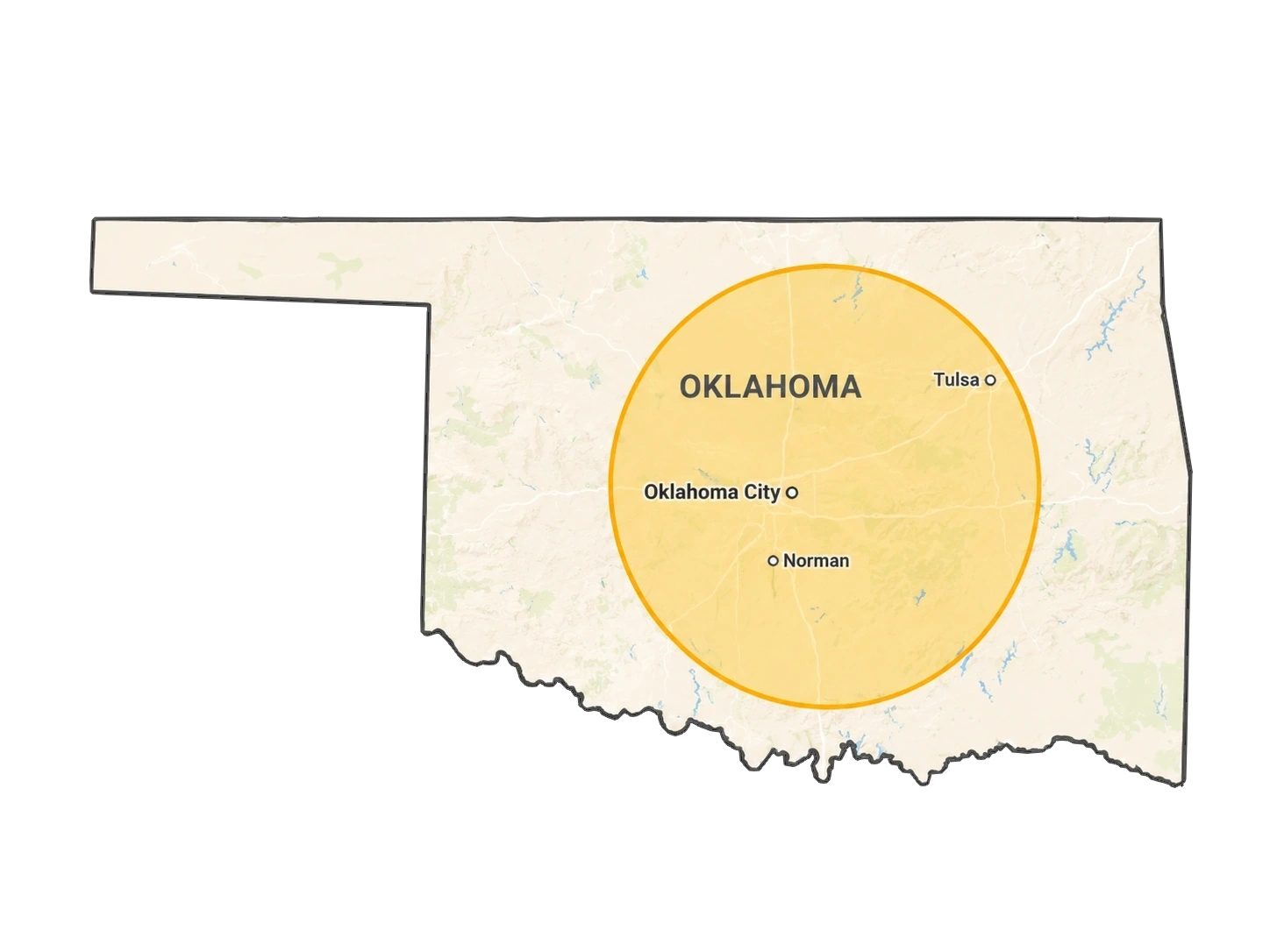 Map of the Innovative Services coverage area, a 150-mile radius around the Oklahoma City metro